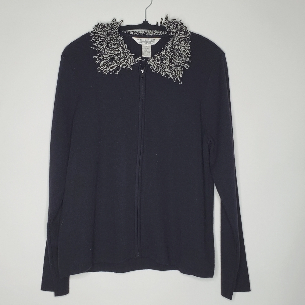 Vintage Wool Blend Fluffy Collar Zip Front Cardigan XL Knit Sweater Rare Fall